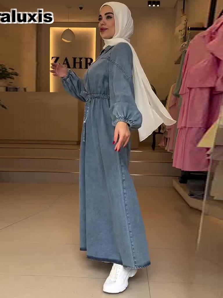 Autumn New Arrivals Women's Long Sleeve Drawstring Waist Loose Denim Maxi Dress