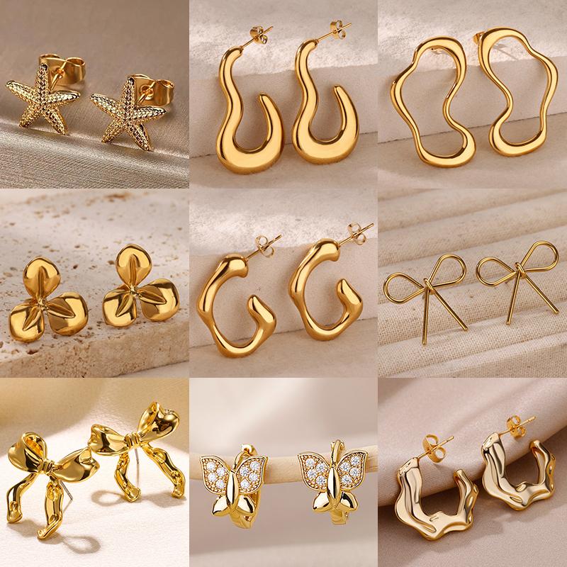 Irregular C Shaped Cute Stainless Steel Stud Earrings For Women Gold Color Wedding Aesthetic Irregular Texture Earring Jewelry