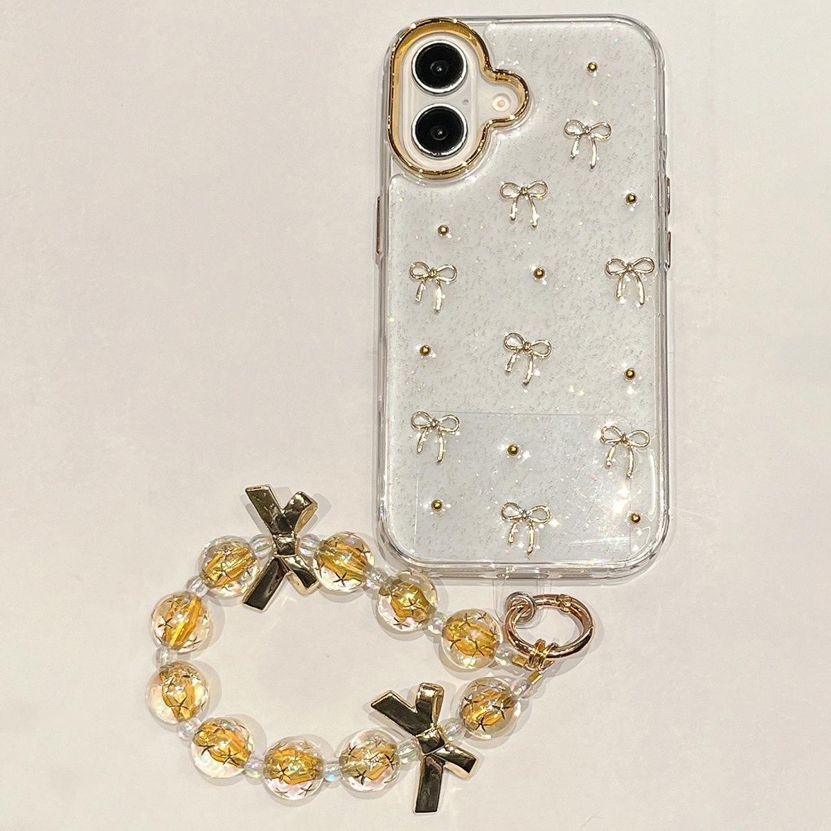 

For iPhone 16 Protective Case with Wrist Strap Bowknot Epoxy Design Phone Cover A