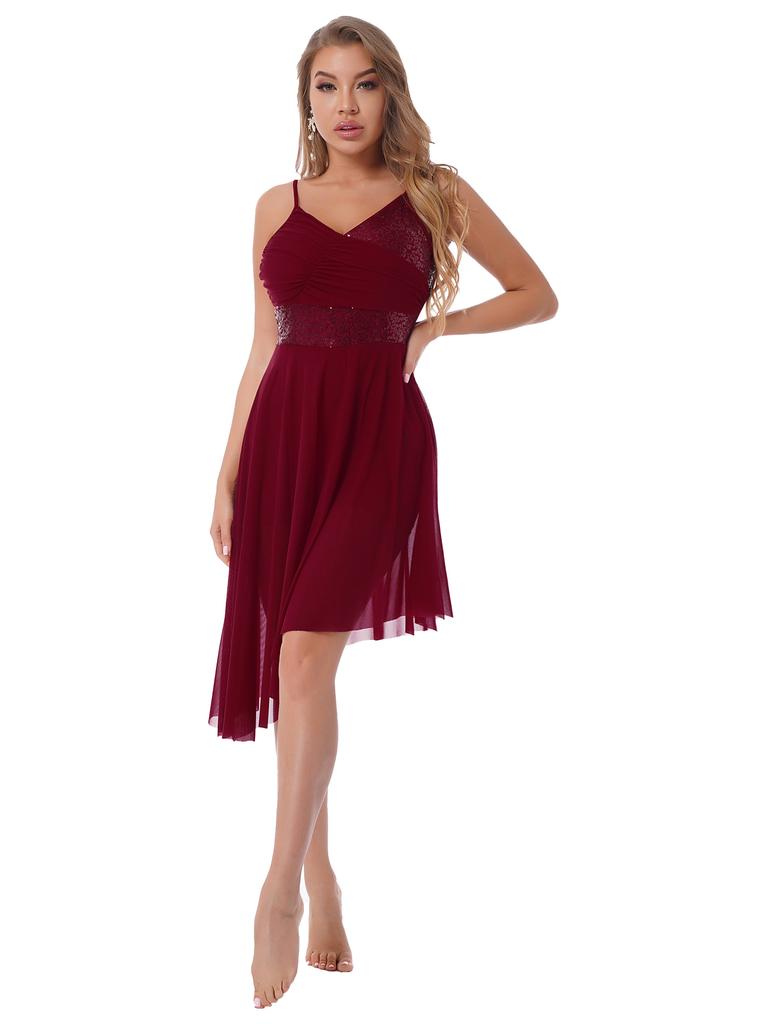 Women Lyrical Modern Dance Dress Sequin Asymmetrical Hem Leotard Skating Performance Costume