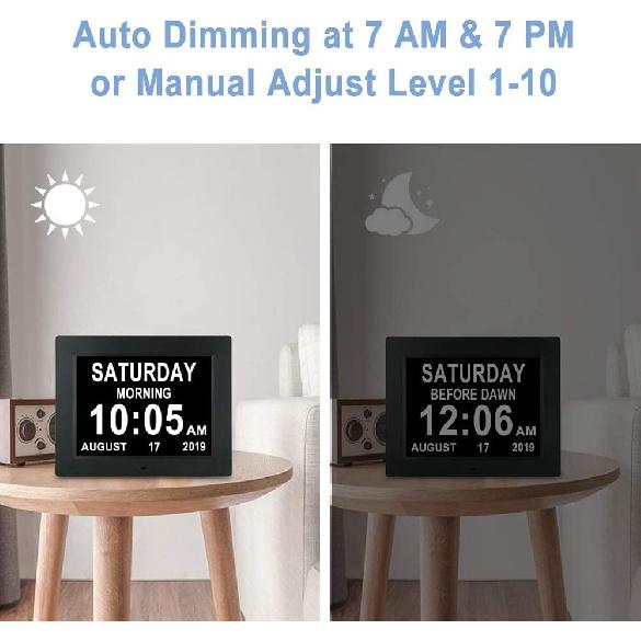 [Upgraded 10 Inch] Digital Day Calendar Clock Auto-Diming & 8 Alarms Options Extra Large Date Time Non-Abbreviations Dementia Impaired Vision Senior