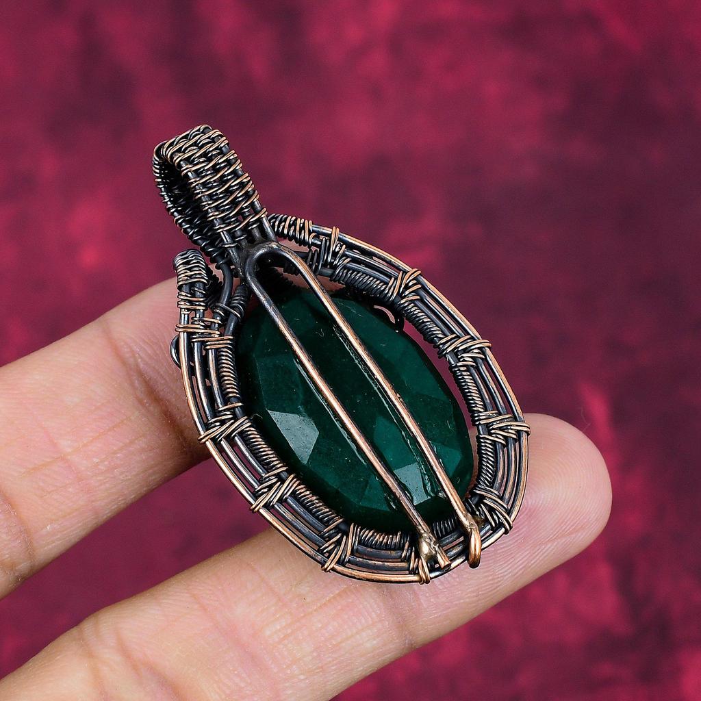 Faceted Zambian Emerald pendant Copper Wire Wrapped Pendant Real Gemstone Jewelry