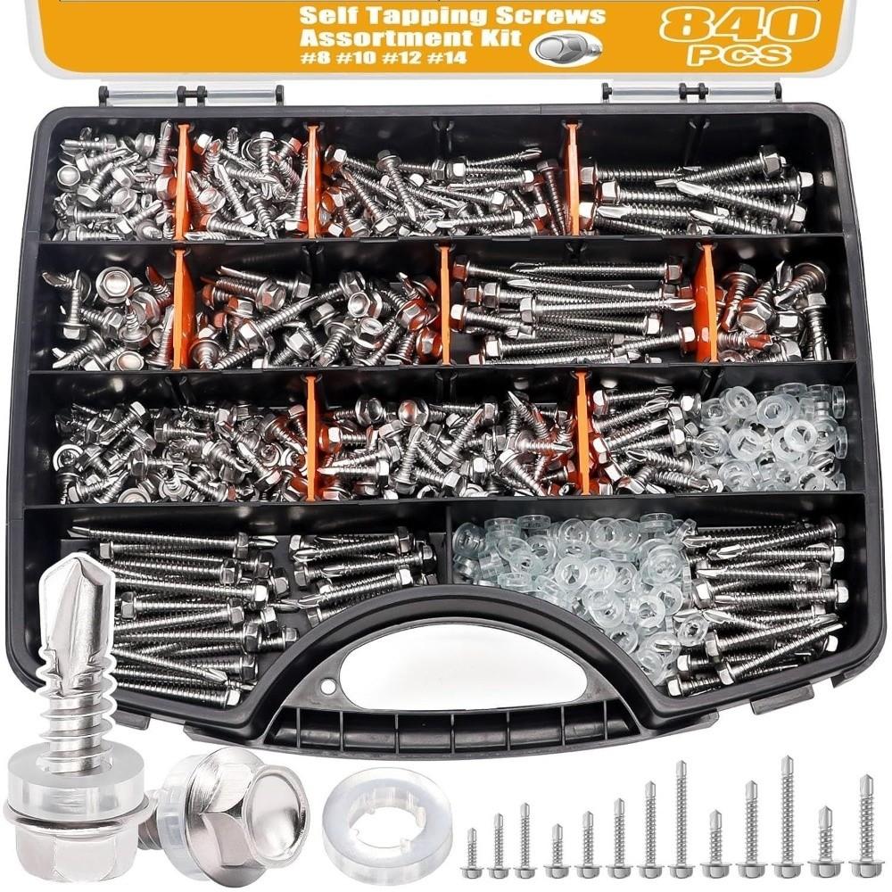 840pcs 410 Stainless Steel Self Drilling Screws Hex Washer Head Hex Nut Washer Kit  For Car