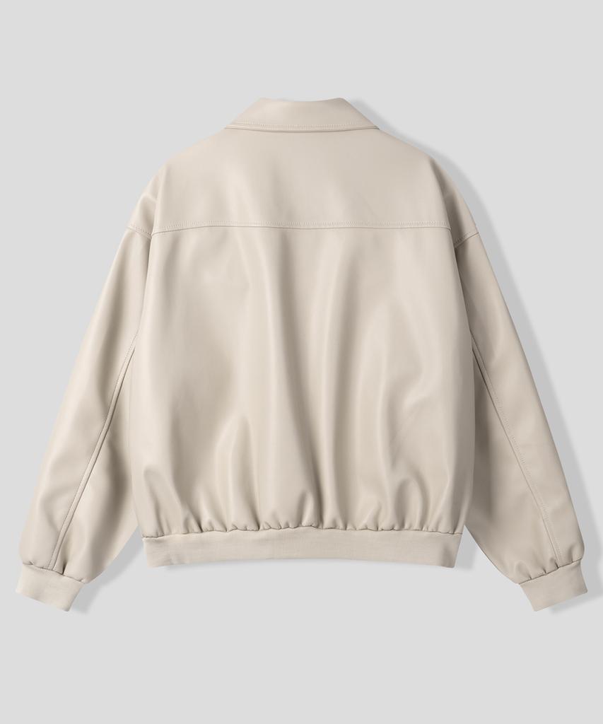 Black Moment Simplicity Vegan Leather Blouson Jacket [Cream]