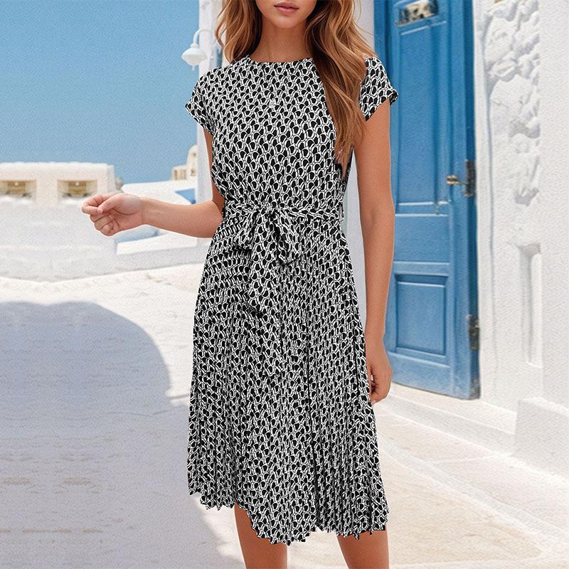 Abito plissettato con stampa moda estiva da donna con cintura