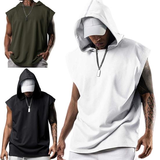 Men T-shirt Hooded Solid Color Summer Loose Sleeveless Vest for Party