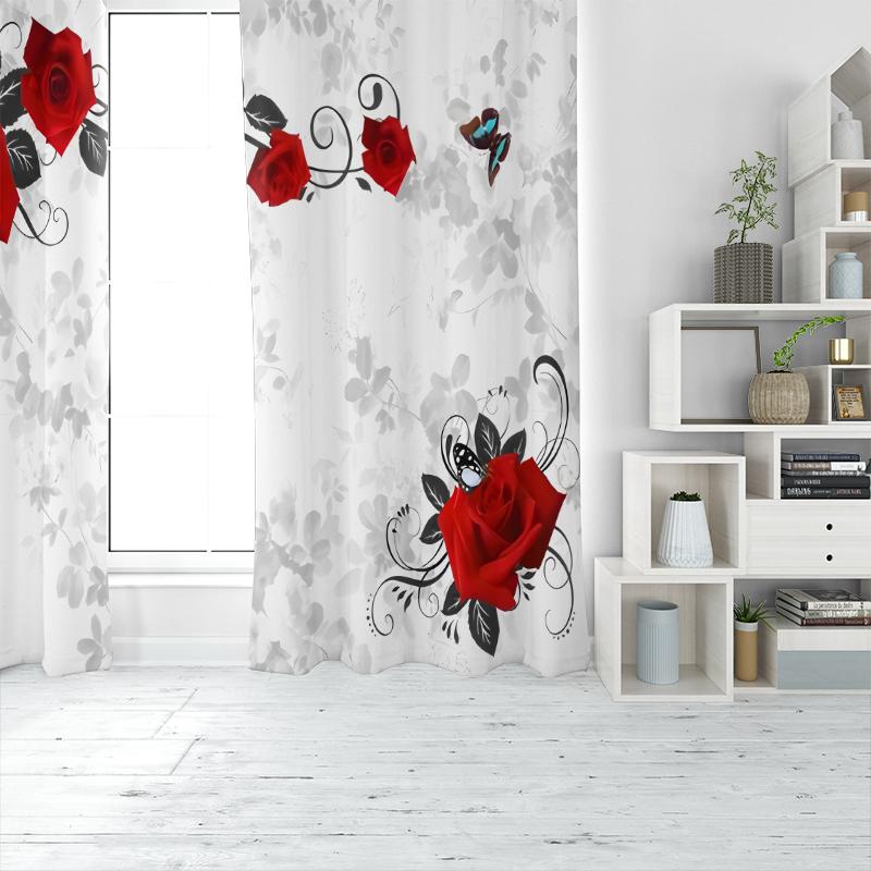 2 pieces - White base red rose polyester curtains, bathroom, bedroom, living room, and family room decorative curtains