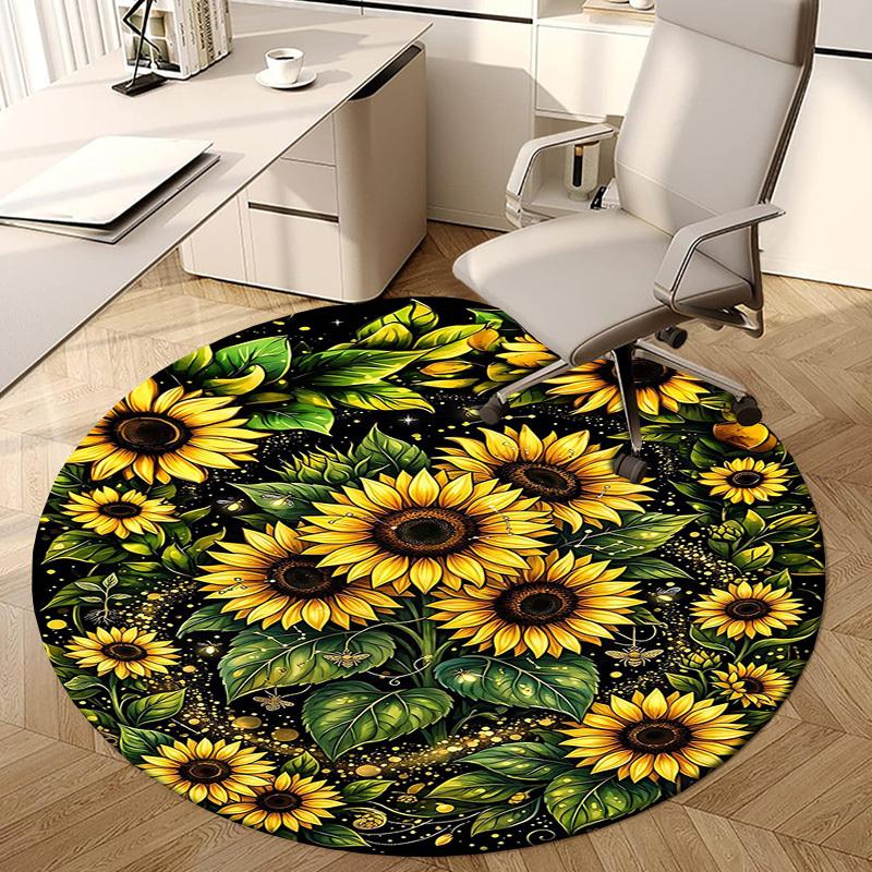 1PC Sunflowers Botanical Non-Slip Floor Round Carpet, Office, Family, Bedroom, Large Area Rug Indoor Rugs,  Durable Polyester-L0412