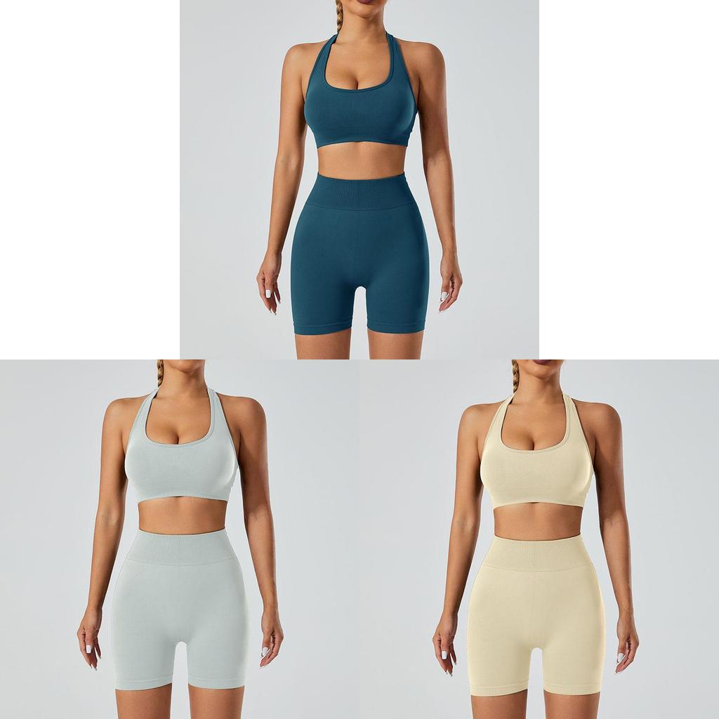 Yoga Outfit Women Seamless High Elastic Shorts Sports Bra Set With Moisture Wicking For Fitness And Running