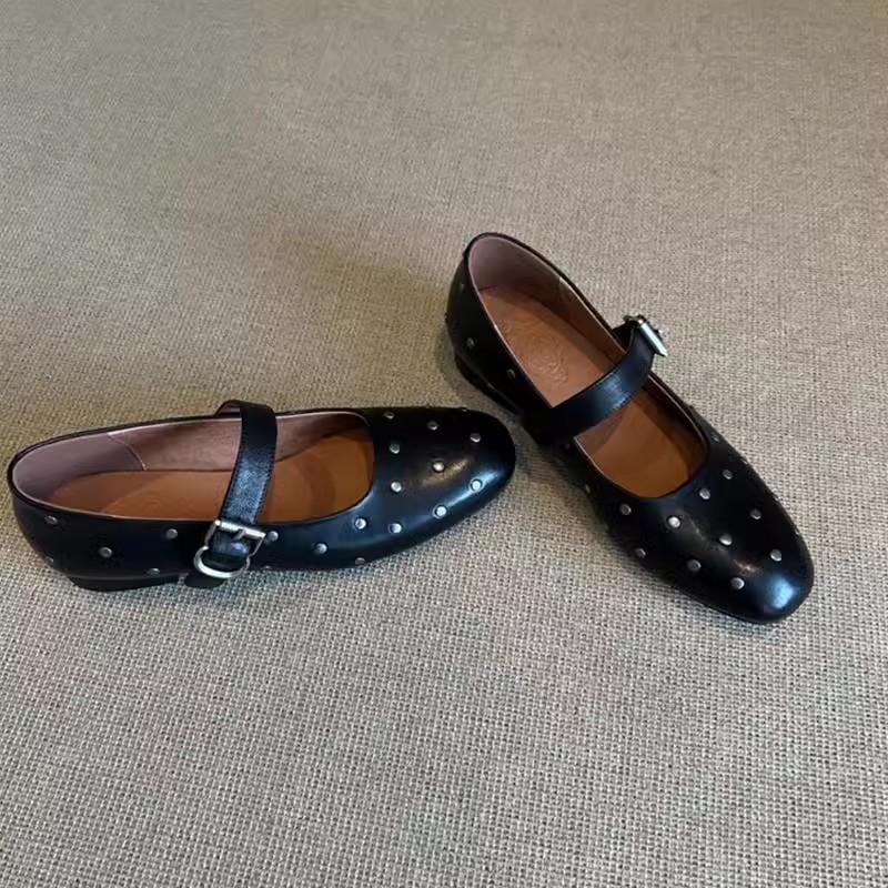 Cowhide Shoes French Mary Jane Shoes Women's Versatile Leather Round Head with Rivets Flat Bottom Shallow Mouth Single Shoes