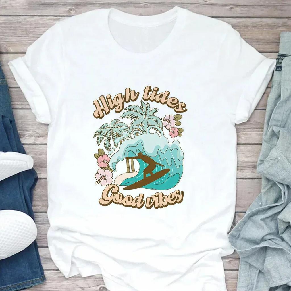 Fashion Women's T-shirt Summer Beach Print Cute Short Sleeve Ladies Fashion Casual Summer Women's T-shirt Graphic