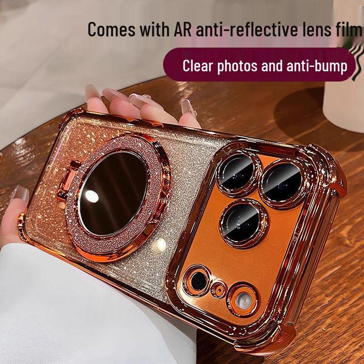 Compatible with iPhone 17/16 Pro Glitter Makeup Mirror Magnetic Stand Case, Airbag Drop-Proof for iPhone 14/15.
