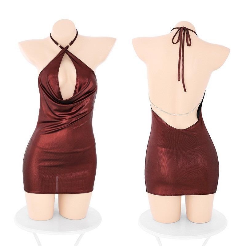 Sex Underwear Tight Hip Skirt Nightclub Passion Hot Dress, Patent Leather Deep V Neck Flirting Uniform