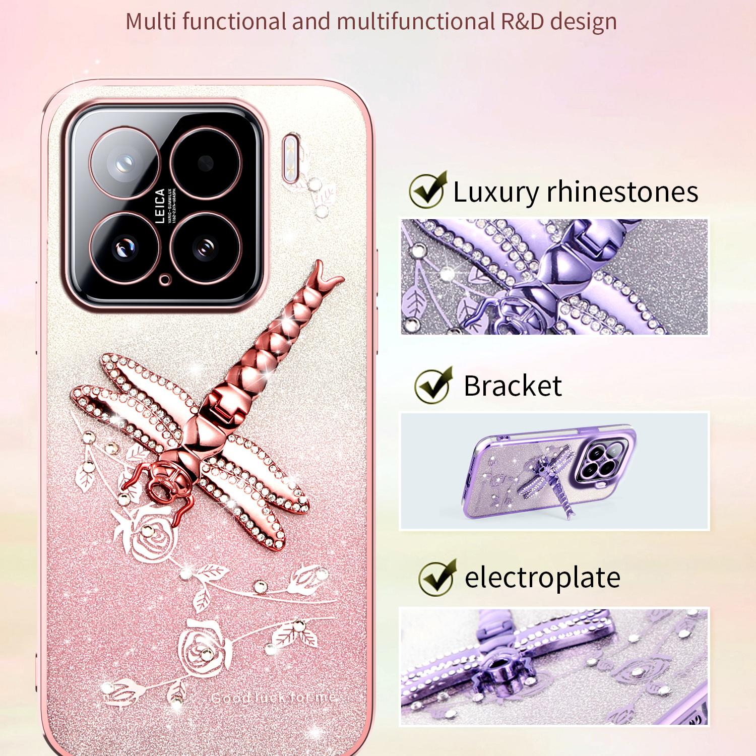 

KADEM For Xiaomi 15 Case Dragonfly Kickstand TPU Flowers Glitter Phone Cover Pink