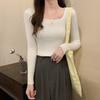 Autumn Winter Women Square Neck Knit Pullover Slim‑Fit Fleece‑Lined Elegant Long‑Sleeve Sweater Low‑Cut Inner Top