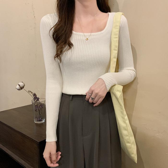 Autumn Winter Women Square Neck Knit Pullover Slim‑Fit Fleece‑Lined Elegant Long‑Sleeve Sweater Low‑Cut Inner Top