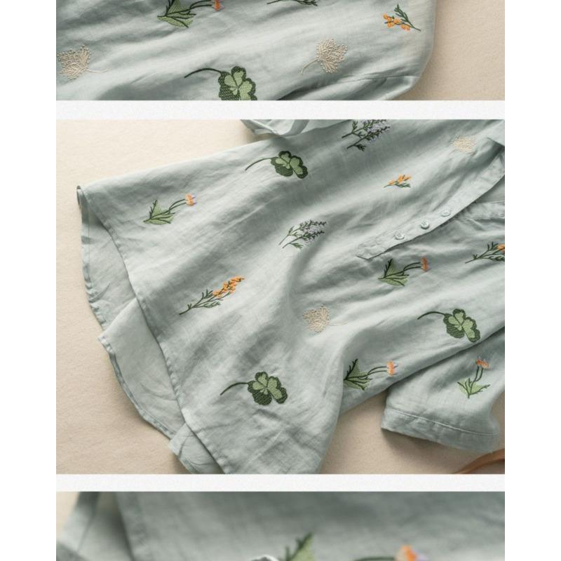 Short-sleeved Cotton and Linen Shirts for Women in Summer New Style Loose Literary Retro Printed Fashion Tops Casual