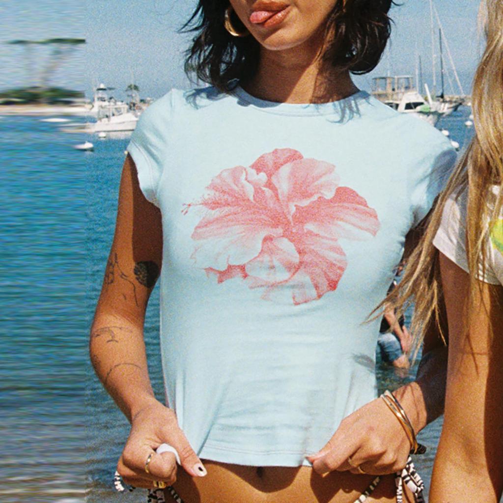 Women's Summer Slim Crop Tops Floral Print Pattern Cap Sleeve Round Neck Show Navel Tops Streetwear