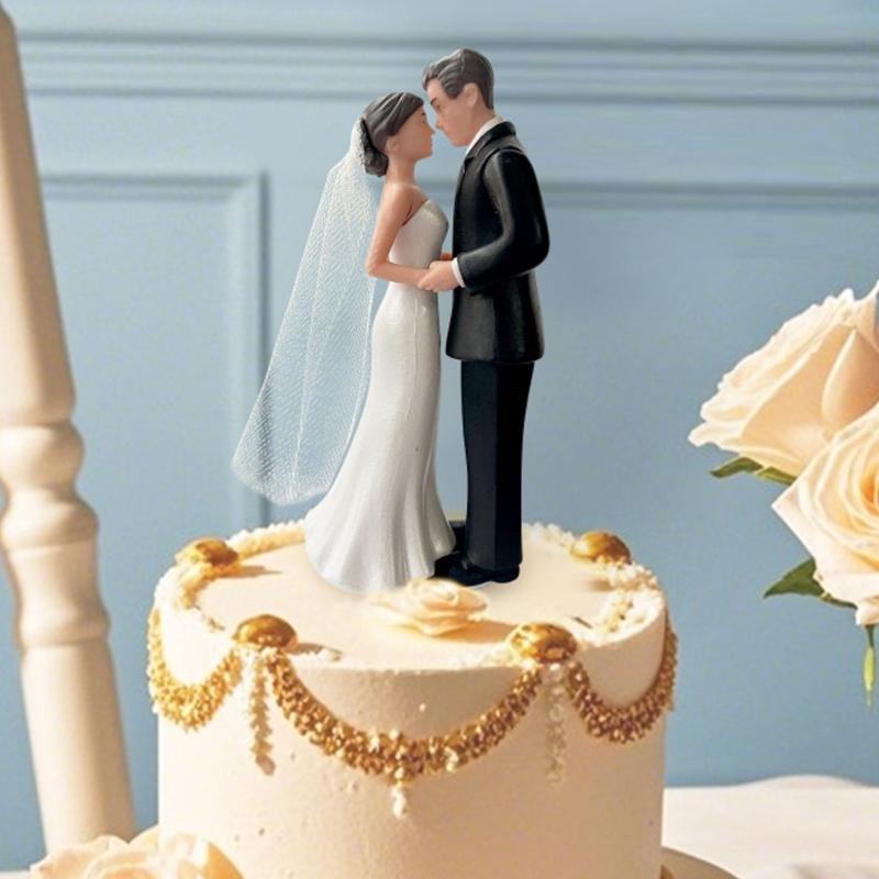 Plastic Bride Groom Cake Toppers With Realistic Tuxedo Veil Detail Wedding Cake Decoration For Formal Event Setting