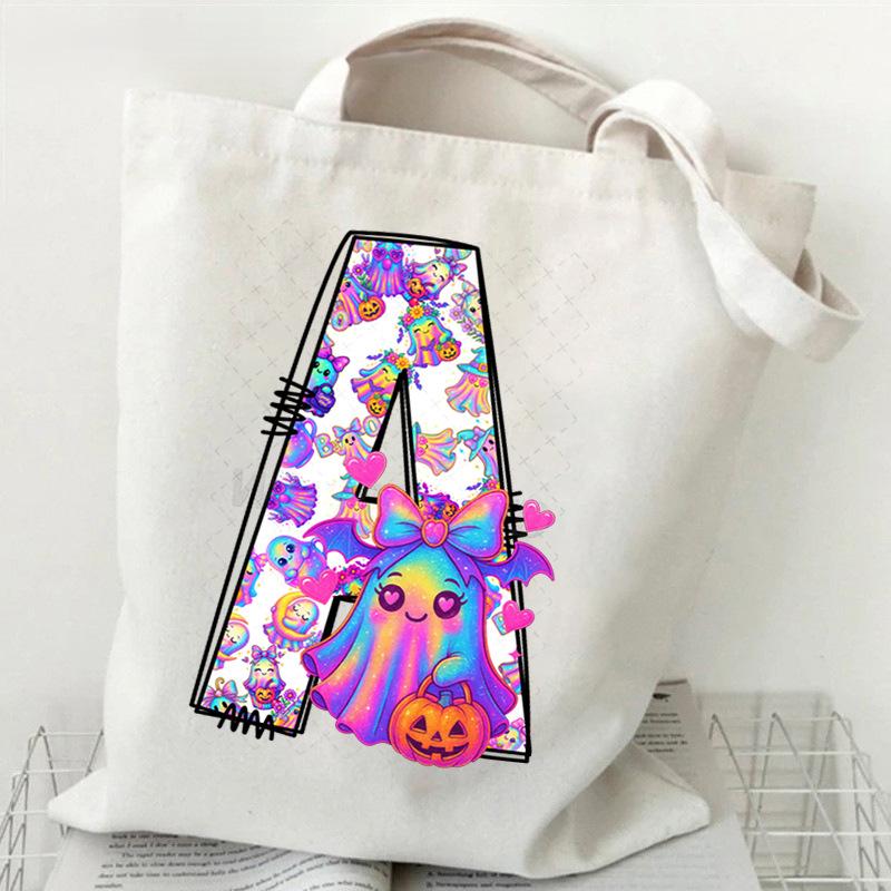 Halloween Alphabet Canvas Bag Going Out Portable Handbag Women's Large Capacity Casual Shoulder Crossbody Bag