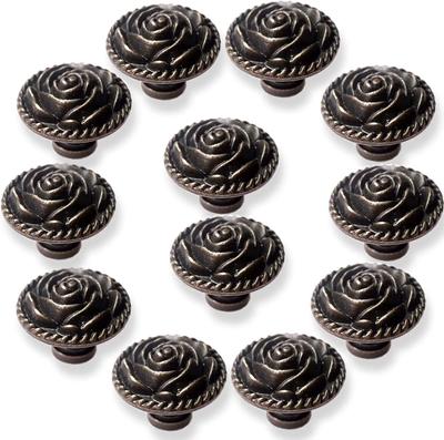 Vintage Rose Cabinet Knobs, Antique Bronze Cupboard Dresser Door Pull Round Zinc Alloy Knob Flower Drawer Handles