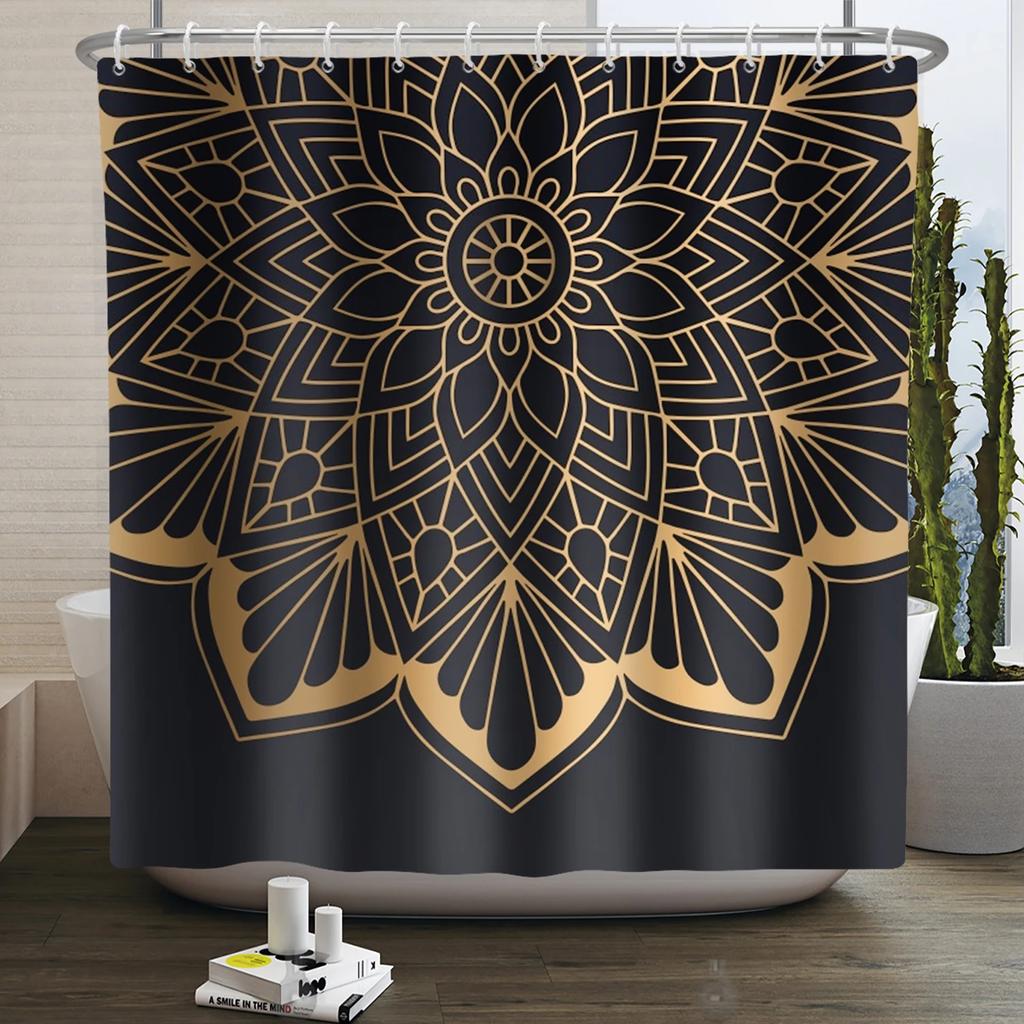 Bohemia Mandala Blume Duschvorhang Schwarz Gold Badevorhang Heim Badezimmer Dekoration Wasserdichtes Gewebe Badewannen-Bildschirm Mit Haken