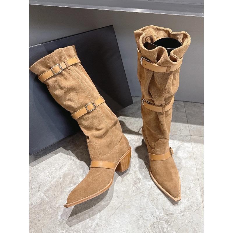 Autumn and winter new fashionable high-heeled metal belt buckle pointed western cowboy boots women's pleated thick-heeled women's boots