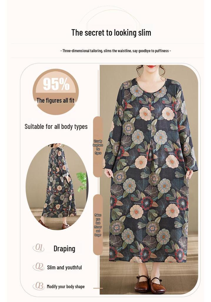Spring 2026 New Style Plus Size Printed Long-Sleeved Dress with Round Neck