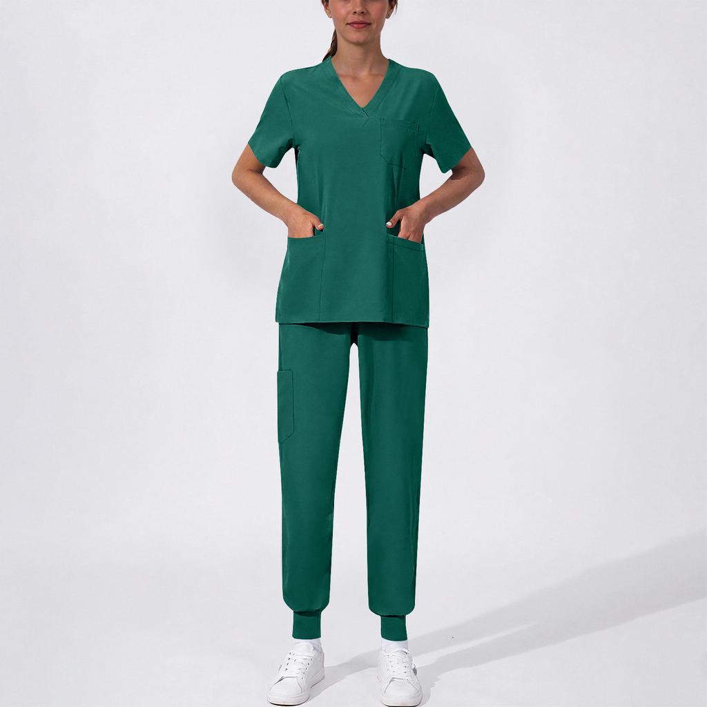 Women's Uniform Quick,drying Fabric Color V,neck Pocket Short,sleeved Trousers Suit Uniform Suit