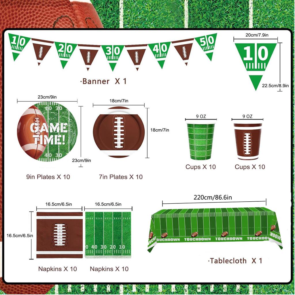 Fußball-Party-Set Enthält Speiseteller Dessertteller Servietten Becher Banner Touchdown Tischdecke für Fußball-Geburtstagsparty