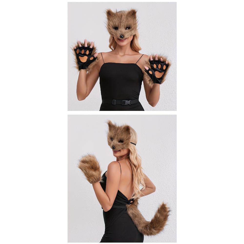 3-częściowy strój lisa na Halloween - pluszowy ogon, maska i rękawiczki | urocze akcesoria RPG o tematyce zwierzęcej na imprezy i COSPLAY na żywo