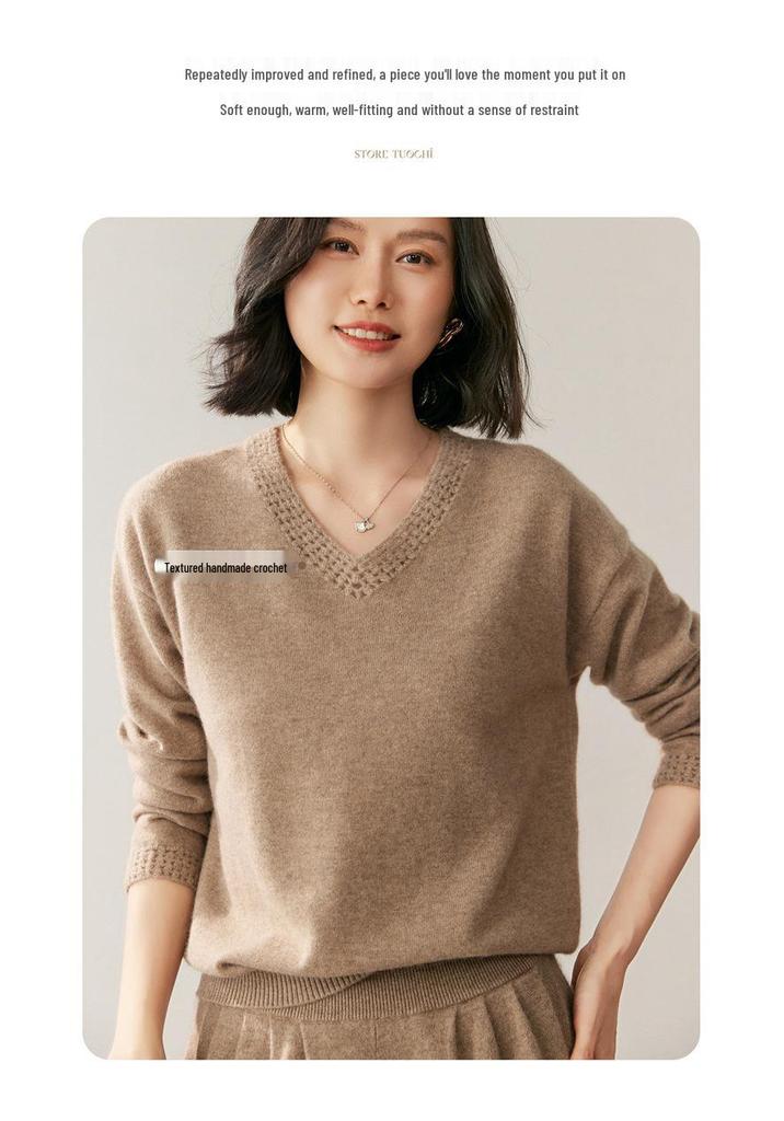 Women's V-Neck Cashmere Knit Pullover Sweater - Hand-Crocheted Loose Fit for Autumn/Winter