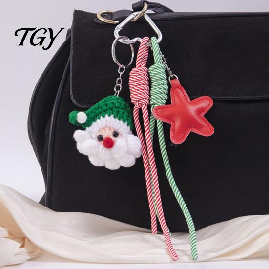 Santa Claus Bag Charm Christmas Charm, Crochet Keychain Pendant with Festive Charms Faux Leather Star, Xmas Hanging Decor for Party Favors Gift