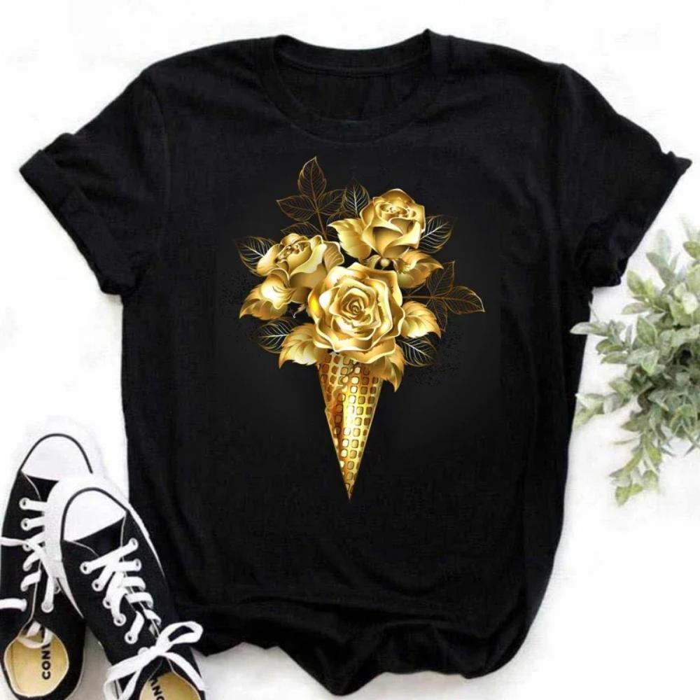 

Maycaur New Fashion Golden Rose Print Ladies Harajuku Short-sleeved Casual Blouse Shirt Ladies Black Summer Sleeves Harajuku Streetwear XS