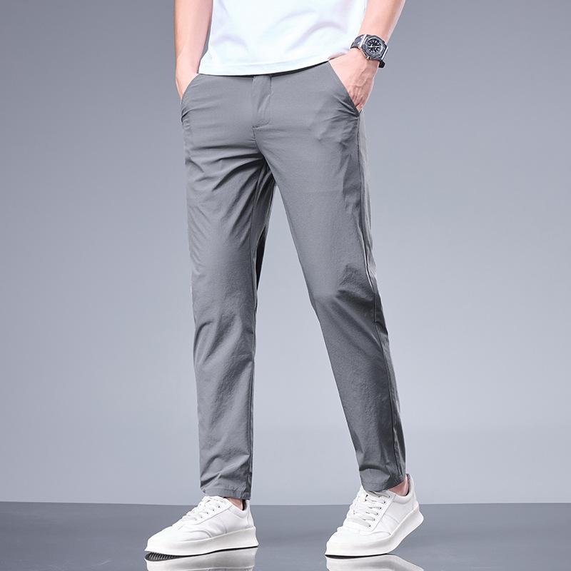 Summer Business Ice Silk Pants Straight Elastic Waist Black Gray Trousers Breathable Simple Male Clothing Casual Suit Pants