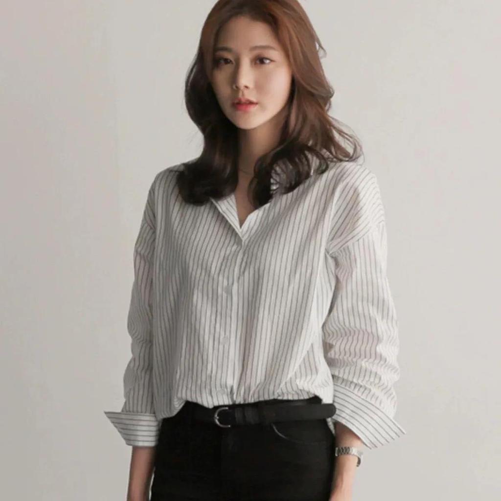 Spring Autumn Women's Striped Blouse Long Sleeve Single Breasted Casual Loose Korean Shirts Top Female