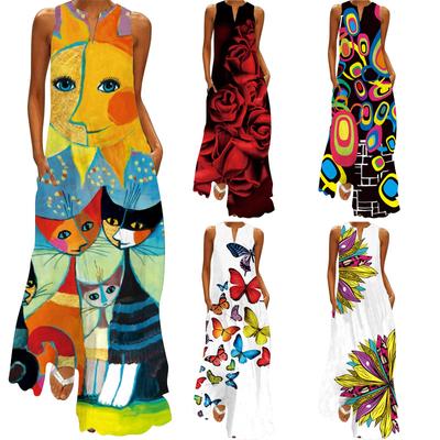 Women V-neck Sleeveless Dress Summer Loose Casual Print Long Dress Beach Wear