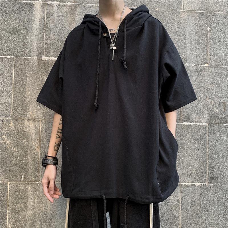 Dark Trendy Oversized Men's Hip-Hop Hooded Short-Sleeve Korean Style T-Shirt