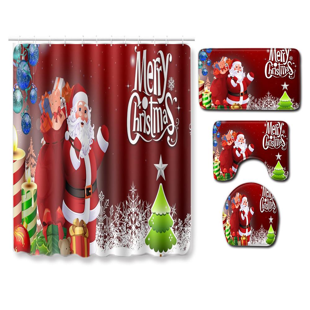 Christmas Bathroom Shower Curtain Toilet Floor Mat Four-Piece Bathroom Non-Slip Door Mat Kitchen Bedroom Absorbent Carpet