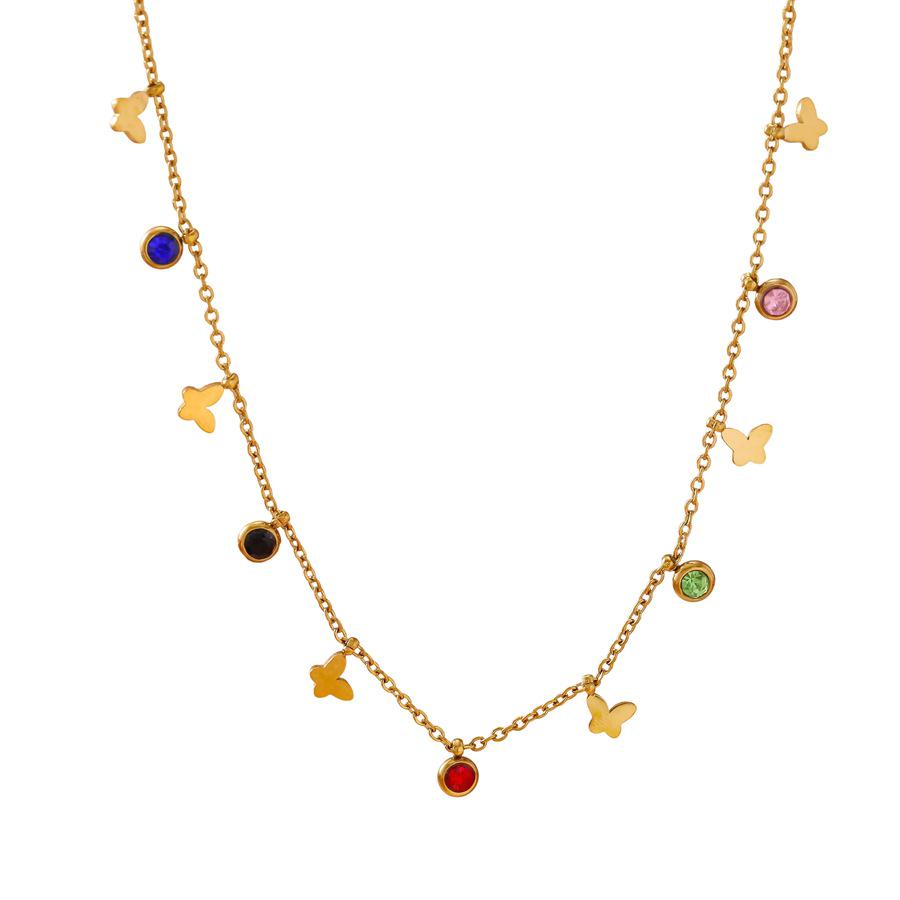 Korean Style Butterfly Pendant Necklace with Colorful Cubic Zirconia - High-End Luxury Feel in Stainless Steel