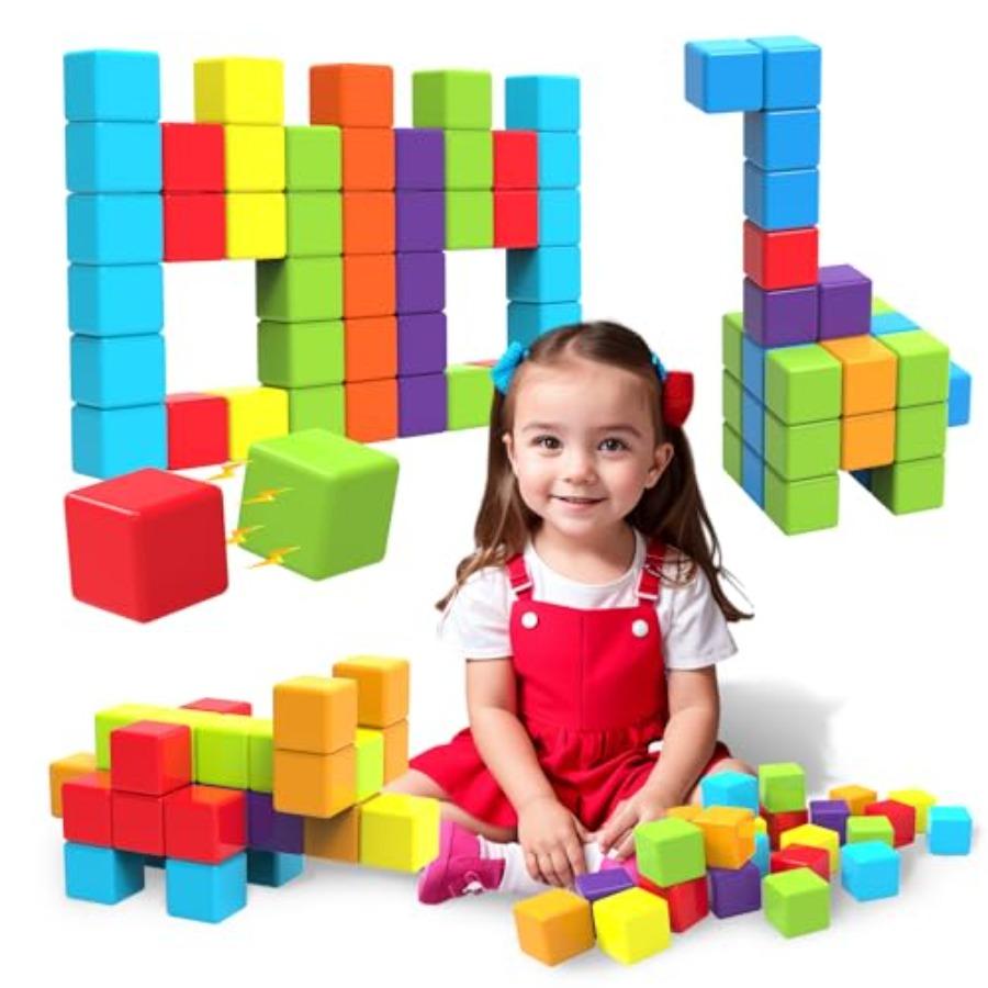 Magnetic Building Blocks, 1.65 inch Large Magnetic Stacking Cubes for Toddlers, Sensory and Montori Toys for Boys and Girls 1 2