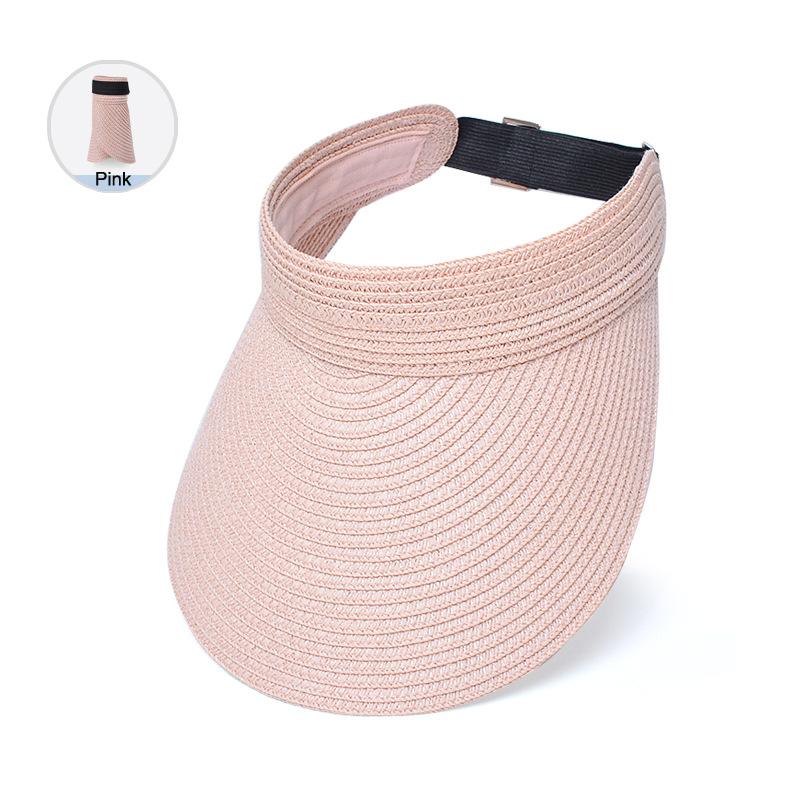 

Straw brim visor hat for women, adjustable black headband made of breathable foldable fabric for travel and outdoor activities, рожевий