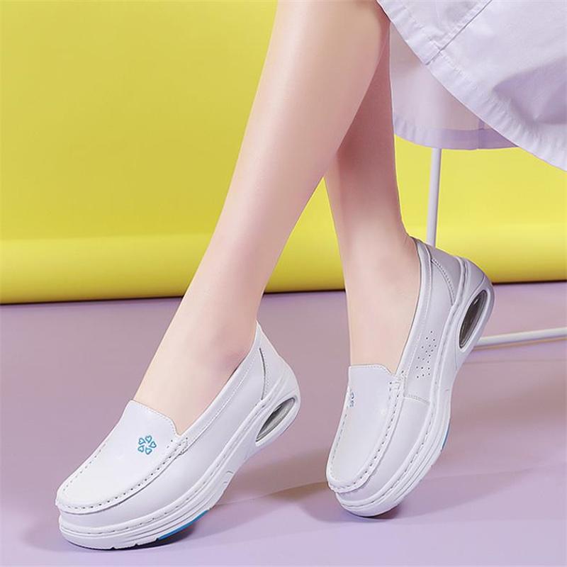 Fashion Women Genuine Leather Flat Nurse Shoes Casual White Wedge Fashion Slip on Non-slip Loafers Women Comfort Hollow Out Work Shoes