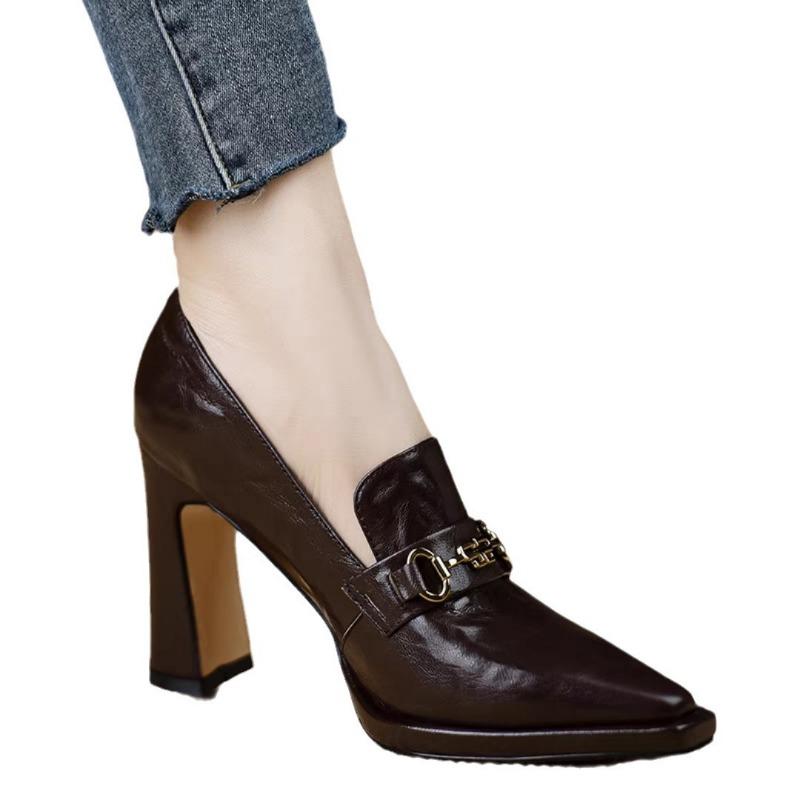 Fashion High Heels Womens Spring New British Retro Thick Heel Pointed Professional Women Shoes Soft Leather Platform High Heel Pumps