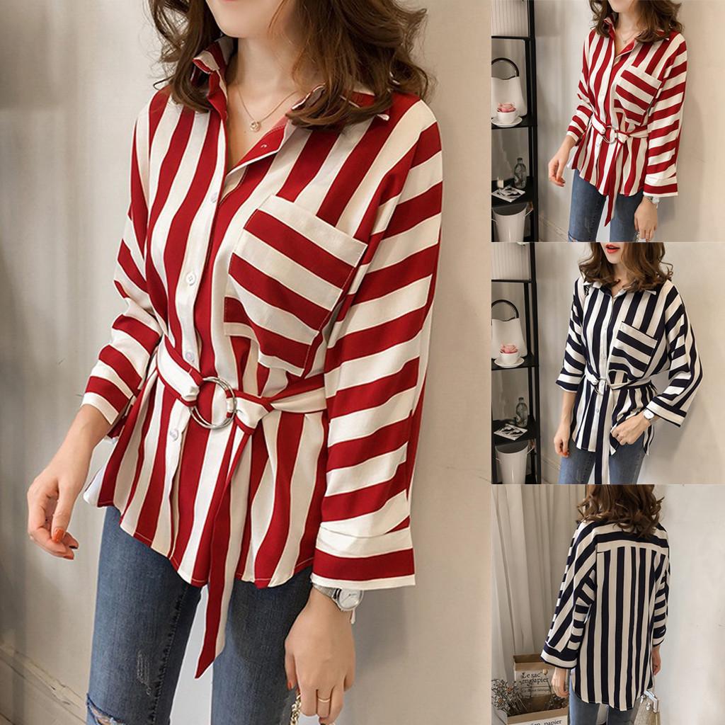 

Женская повседневная полосатая футболка с длинным рукавом и отложным воротником, топы, блузка