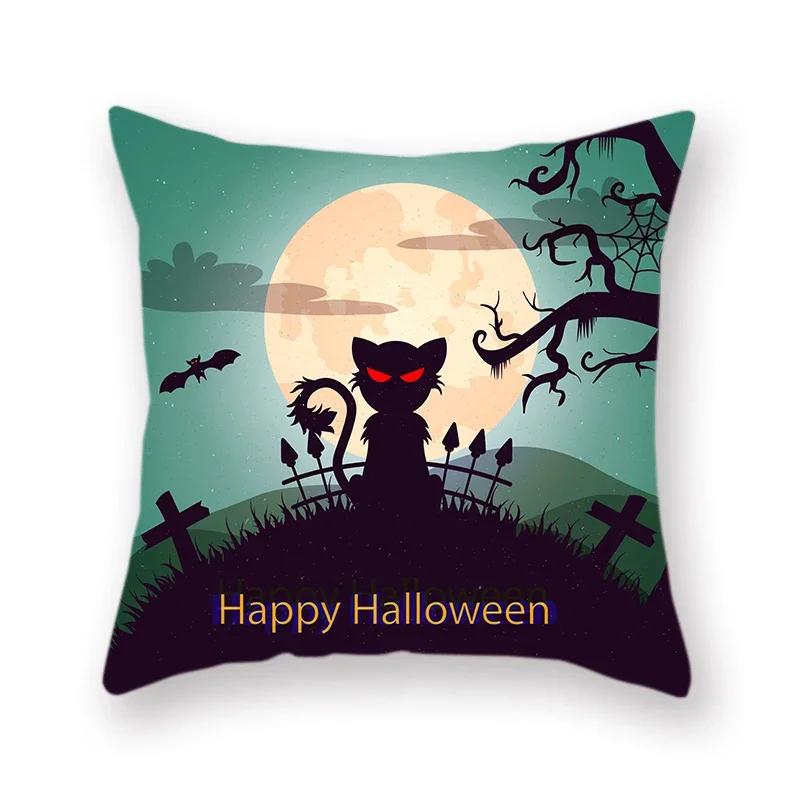 Halloween Carnival Pumpkin Black Cat Bat Print Polyester Pillowcase Sofa Square Decorative Cushion Cover 45X45Cm Fundas De Cojin