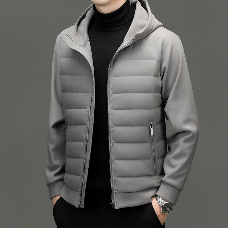 Men's Hooded Lightweight Down Jacket - Stylish Patchwork Short Coat for Fall and Winter Warmth