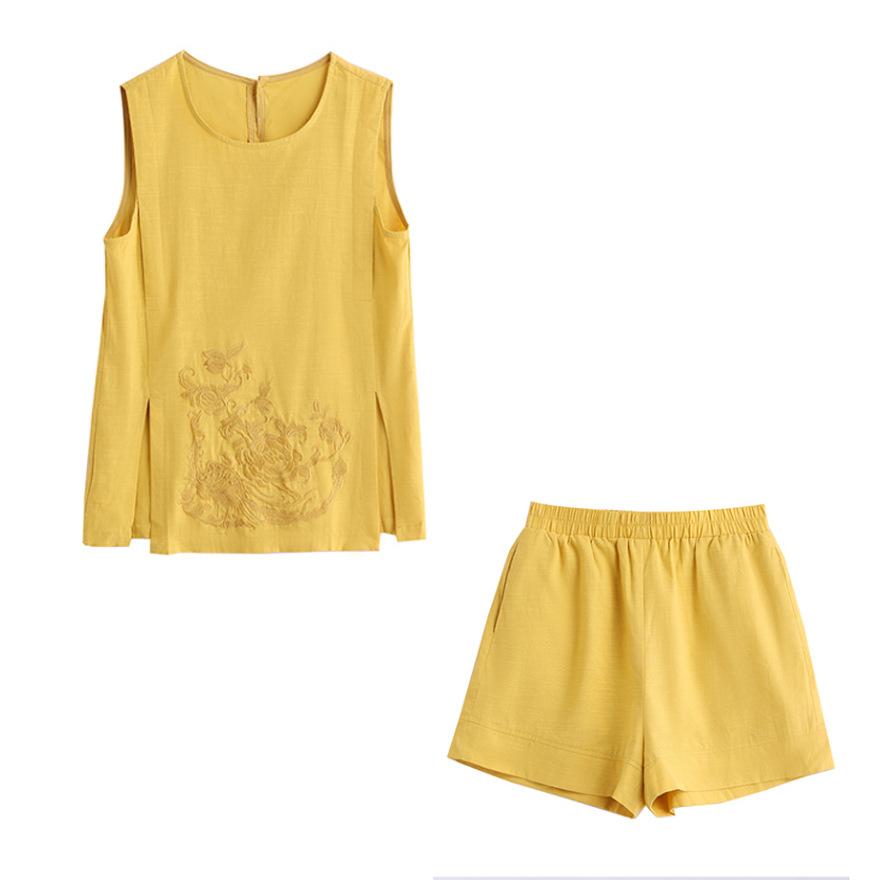 Shorts Set Women's Summer New Small Embroidered Cotton and Linen Two-piece Set