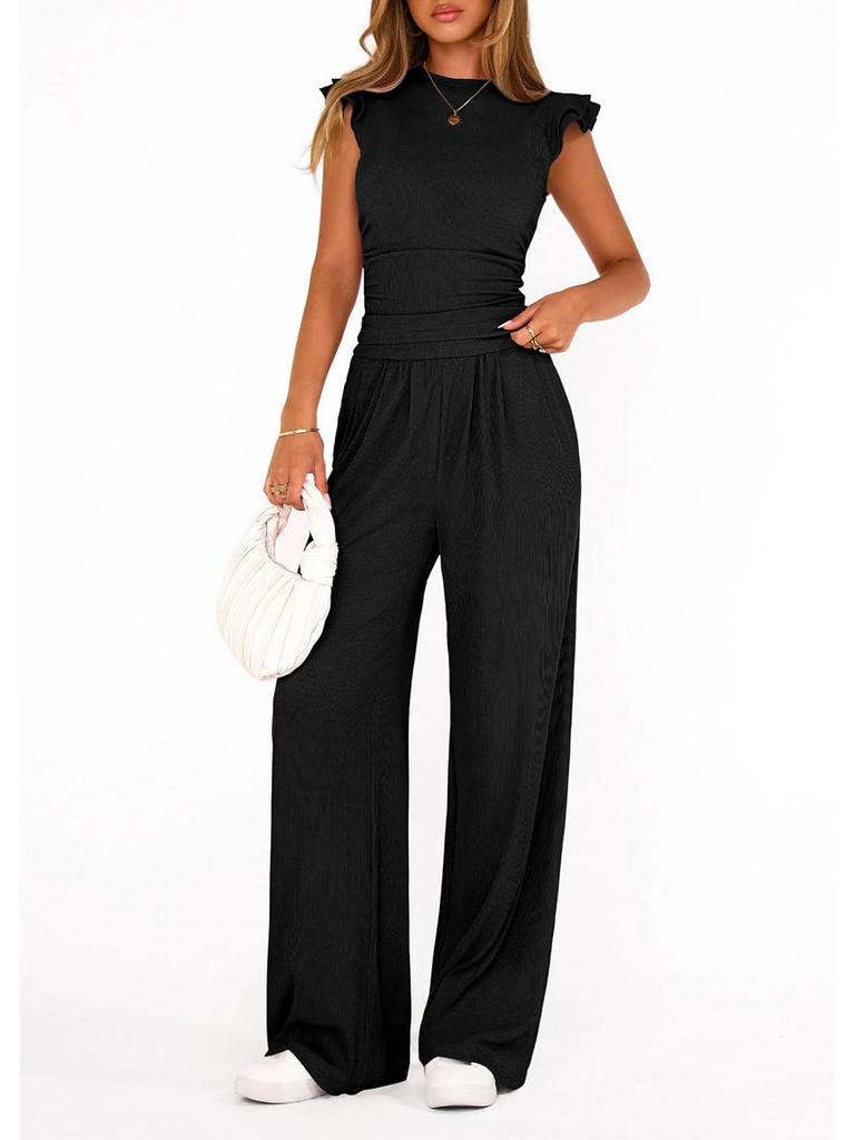 Women's 2026 Summer Solid Color Two-Piece Set with Ruffle Wide-Leg Pants