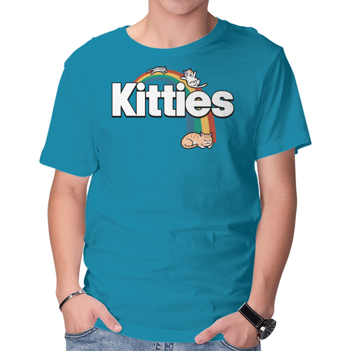 Unisex Crew Neck T-Shirt Rainbow Cats Graphic Short Sleeve Casual Tee M